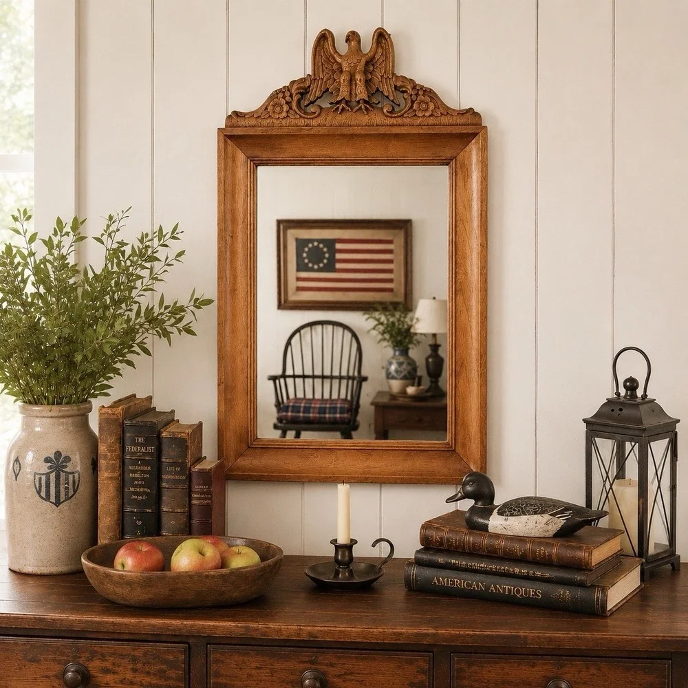 Vintage Rock Maple Eagle Mirror Carved  French Colonial Revival Wall Decor MCM